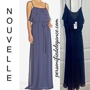 NEW Nouvelle by Amsale Julia Navy Blue Chiffon Ruffle Front Long Dress Size XL